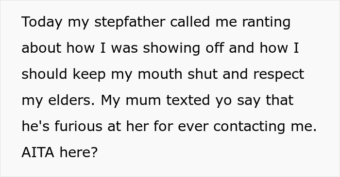 Text screenshot showing a woman called poor by stepdad accused of flexing wealth after giving stepsiblings cars and cash.