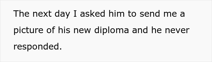 Text snippet showing a person asking for a picture of a new diploma and not receiving a response, revealing deceit about a master&rsquo;s degree.