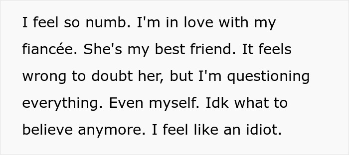 Text message describing emotional struggle after bride breaks no dating rule during break and accusations of cheating arise. Text message describing emotional struggle after bride breaks no dating rule during break and accusations of cheating arise.
