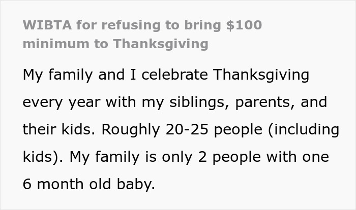 Family celebrating Thanksgiving with siblings and parents, refusing to bring expensive food or $100 minimum contribution.