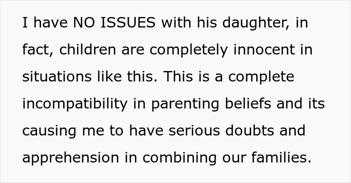 Text image showing a woman explaining her incompatibility in parenting beliefs causing doubts about combining families. Text image showing a woman explaining her incompatibility in parenting beliefs causing doubts about combining families.