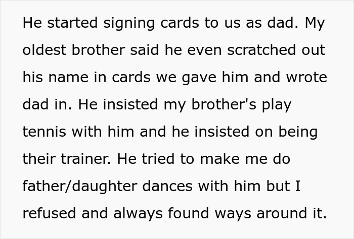 Text excerpt describing stepdad trying to displace kids&rsquo; bio dad by signing cards and forcing activities.