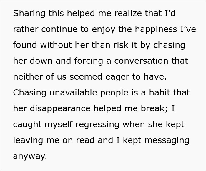 Text about choosing happiness over chasing unavailable people, reflecting on best friend no contact returns.