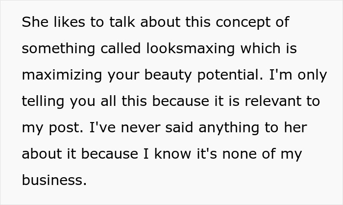 Text about looksmaxing and beauty potential, related to a plastic surgery gift card refusal story.