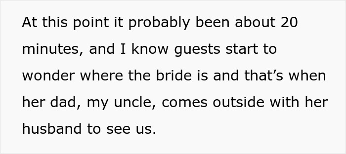 Text excerpt describing a bride's dad coming outside with her husband as guests wonder at a wedding scene.