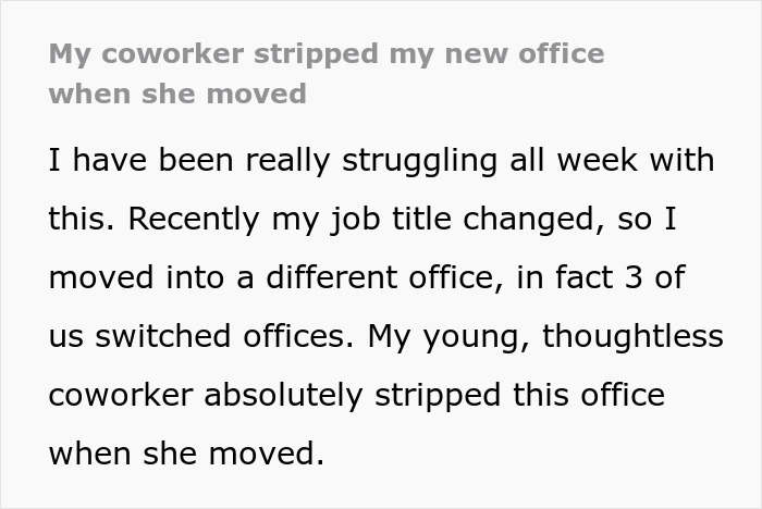 Frustrated coworker in tears after office swap chaos as employee takes everything from shared workspace.