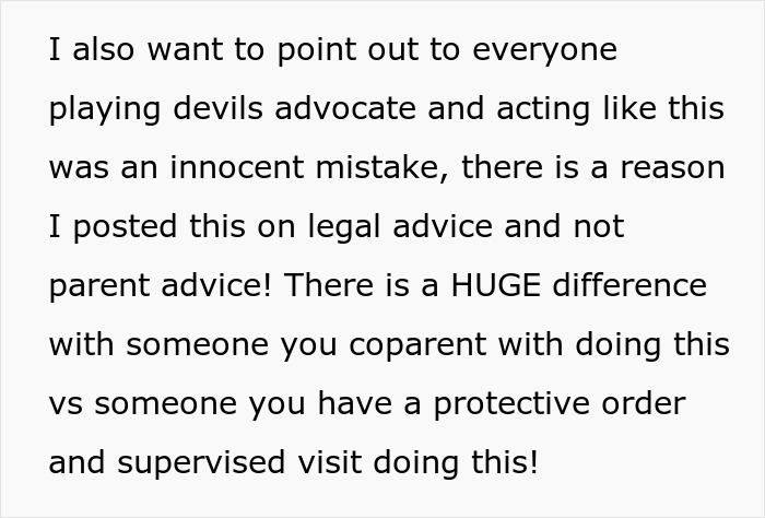 Text excerpt discussing legal advice on coparenting and protective orders, highlighting concerns about traceable AirPods given to son.