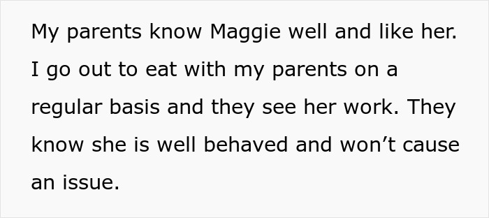 Text excerpt from a woman explaining how her service dog is well behaved and accepted by her parents during Thanksgiving.
