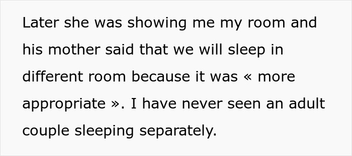 Text discussing MIL making son's girlfriend sleep in a different room, mentioning disapproval over not praying or attending church.