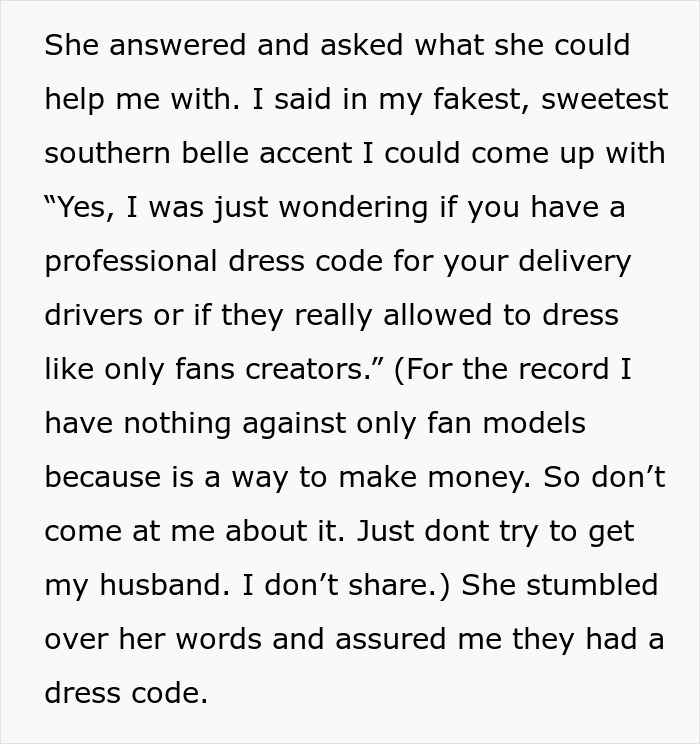 Woman gets petty revenge on husband’s coworker by questioning dress code in a fake southern belle accent during a phone call. Woman gets petty revenge on husband’s coworker by questioning dress code in a fake southern belle accent during a phone call.