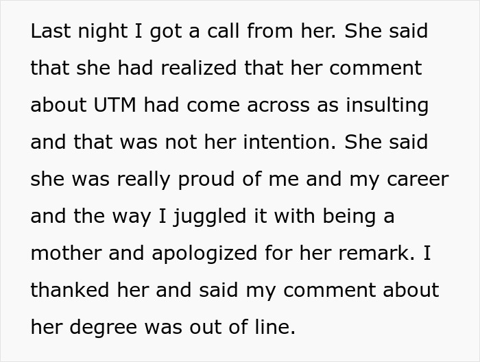 Text excerpt about stay-at-home mom and sister-in-law discussing college degrees and career choices.