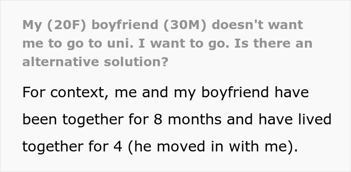 Text conversation about a 30-year-old boyfriend not wanting his 20-year-old girlfriend to go to university over trust issues. Text conversation about a 30-year-old boyfriend not wanting his 20-year-old girlfriend to go to university over trust issues.