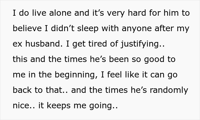 Text describing a person feeling conflicted while their fiance babysits their daughter, reflecting on relationship struggles.