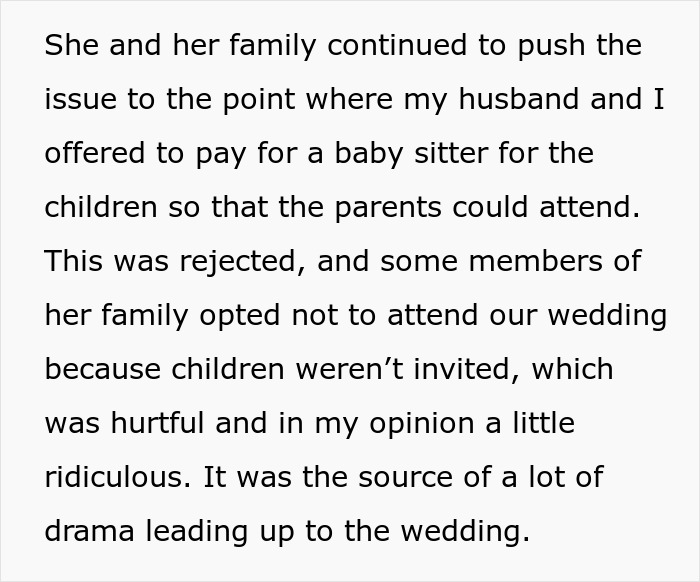 Text excerpt discussing family drama and issues with children not being invited, causing tension on the wedding day. Text excerpt discussing family drama and issues with children not being invited, causing tension on the wedding day.