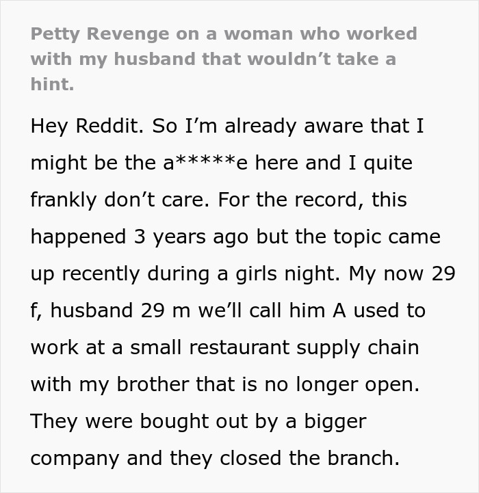 Text excerpt about petty revenge involving a husband’s coworker who tried to seduce him during work at a restaurant supply company. Text excerpt about petty revenge involving a husband’s coworker who tried to seduce him during work at a restaurant supply company.