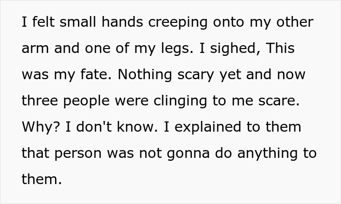 Text excerpt describing a scared child on a haunted hayride with small hands clinging for comfort during a spooky experience.