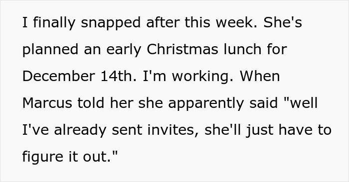 Text excerpt discussing future MIL scheduling family events on days woman is working and her decision to stop attending.