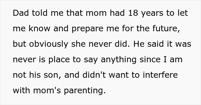 Text showing a message about dad saying mom had 18 years to prepare for the future involving mom, affair, college, money, and dad.