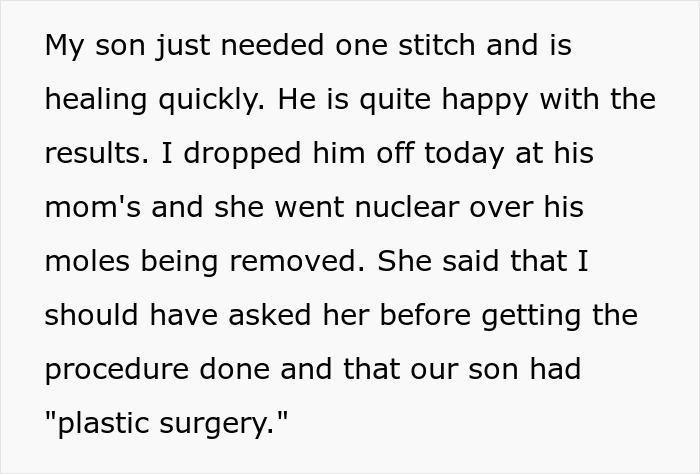 Text excerpt about mom&rsquo;s outrage after dad approved 12-year-old&rsquo;s mole removal described as cosmetic surgery.