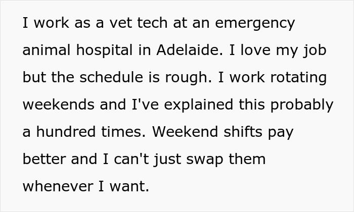 Vet tech discusses difficult work schedule as future MIL keeps scheduling family events on her work days.