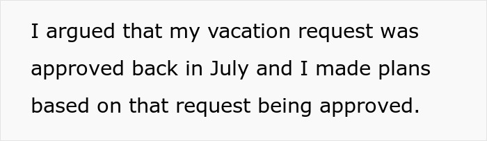 Text excerpt showing an employee disputing vacation approval amid hospital&rsquo;s family first vacation policy issues before Christmas.