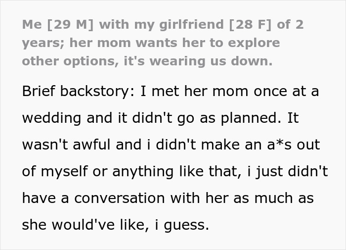 Text excerpt from a man describing issues with his girlfriend&rsquo;s mom after she encouraged her to explore other dating options.