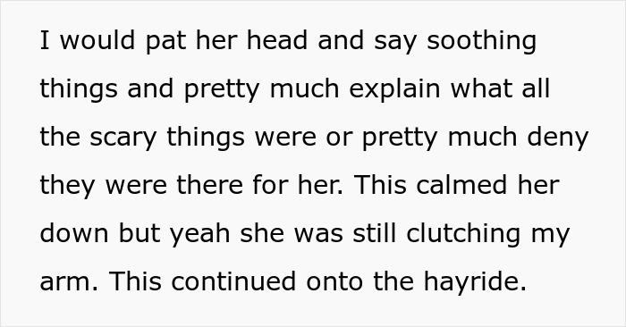 Text excerpt describing comforting a scared child during a haunted hayride, highlighting scared kids and hayride experience.