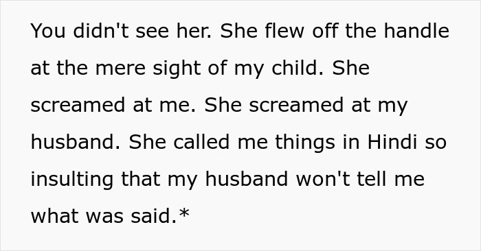 Text excerpt depicting an Indian grandmother demanding a DNA test, claiming the baby is too pale to be her son's child.