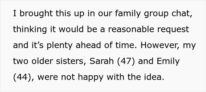 Woman asks for a break from hosting traditional family Thanksgiving, causing conflict with sisters in group chat.