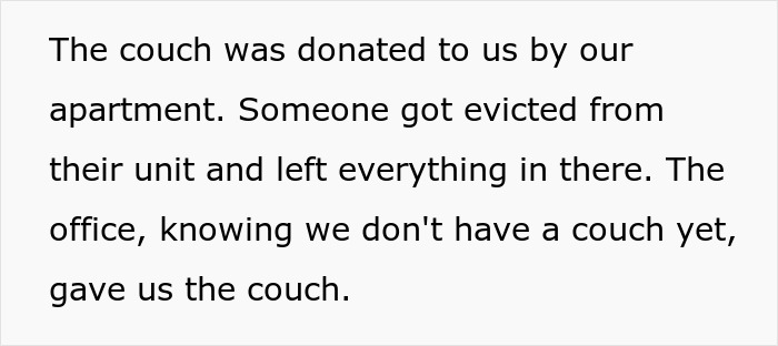 Text on a white background explaining how a couch was donated after a unit eviction, mentioning no couch was owned yet.