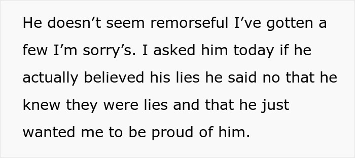 Text excerpt about a man lying regarding his master&rsquo;s degree and his wife discovering the truth.