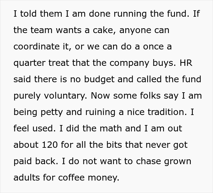 Text describing a coworker explaining quitting the birthday fund due to lack of Venmo contributions and feeling used.