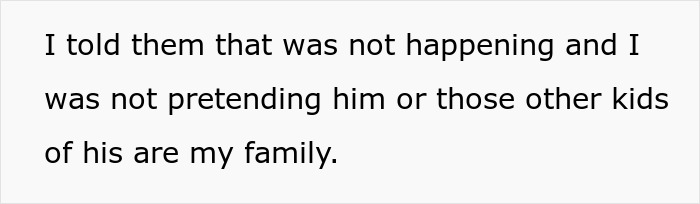 Text excerpt showing a woman refusing to accept her ex's affair kids as part of a blended family Christmas.
