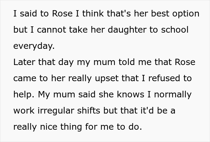 Text excerpt about woman refusing to take niece to school, causing family conflict and upset emotions.