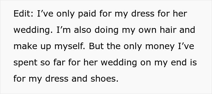 Text about bride wanting to upgrade honeymoon at bridesmaid&rsquo;s expense and facing a reality check.