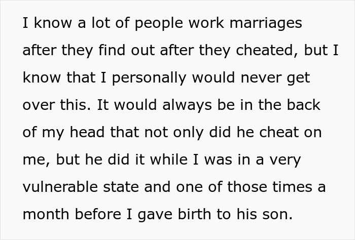 Text about a man cheating during wife&rsquo;s pregnancy and postpartum, with her feeling betrayed and vulnerable.