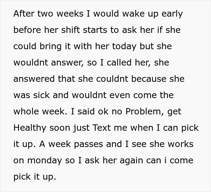 Text excerpt describing a woman refusing to return her coworker's expensive jacket despite multiple requests.