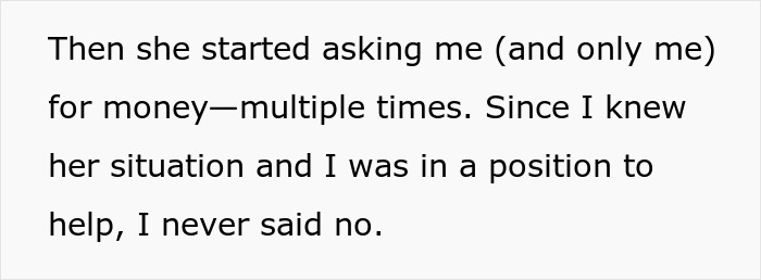 Text excerpt showing a guy describing how he never said no to a lady&rsquo;s loyalty test by lending money multiple times.