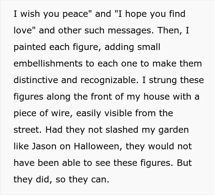 Text excerpt describing a woman&rsquo;s unexpectedly savage revenge on a petty neighbor after garden damage, with painted figures displayed.