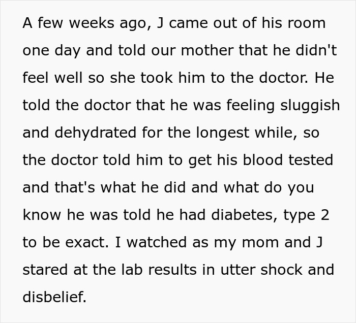 Brother mocks sister&rsquo;s weight for years until he is diagnosed with type 2 diabetes, surprising the whole family.