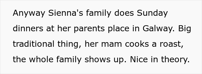 Text excerpt about a family’s Sunday dinners and a funny guy mocking daughter’s boyfriend because of his job. Text excerpt about a family’s Sunday dinners and a funny guy mocking daughter’s boyfriend because of his job.