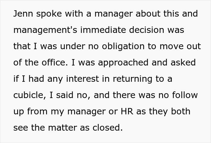 Woman expects private office back after working from home for 2 years but faces a harsh reality check from management.