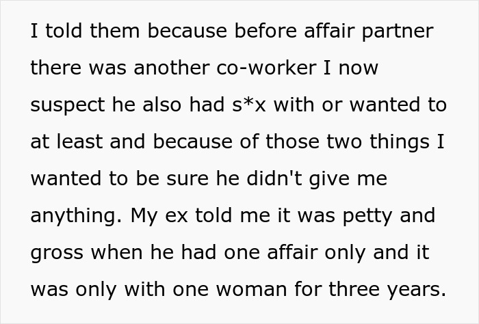 Text excerpt about a cheating husband, affair partner, and concerns over infertility from mistress in relationship conflict. Text excerpt about a cheating husband, affair partner, and concerns over infertility from mistress in relationship conflict.