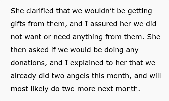 Text excerpt discussing a woman&rsquo;s decision related to child&rsquo;s Christmas presents and charity donations.