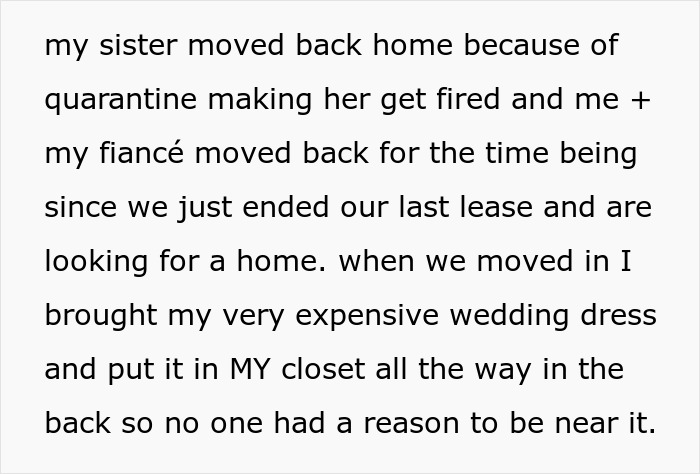 Text about sister moving back home and expensive wedding dress stored in closet during quarantine and lease change.