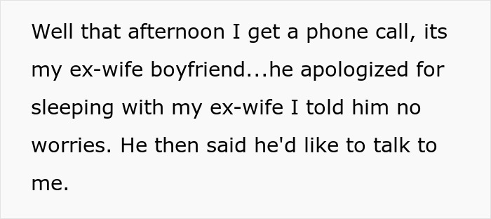 Text on screen describing a man happy after his ex-wife caught cheating, receiving her boyfriend's apology call.