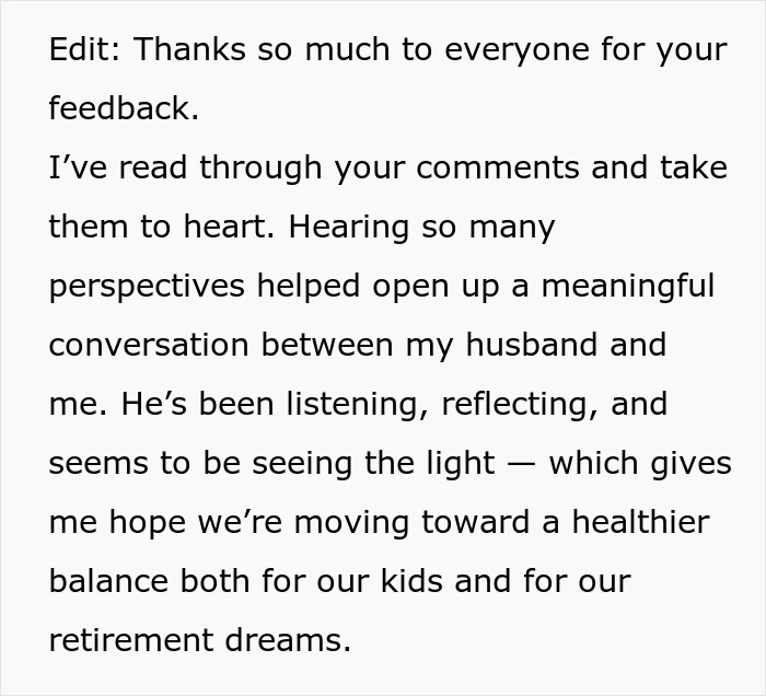 Text expressing gratitude for feedback and hope for better husband retirement, children, and finances balance.