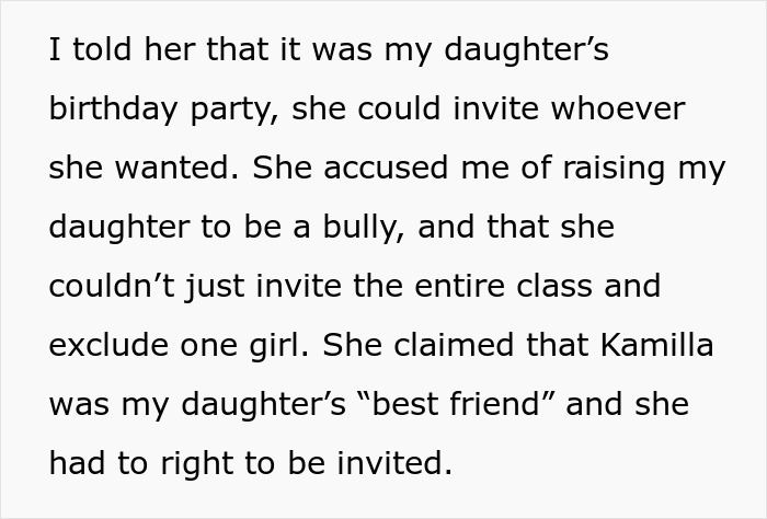 Text excerpt about 13YO refusing to invite one girl to birthday party, mom supporting mean plan, causing backlash.