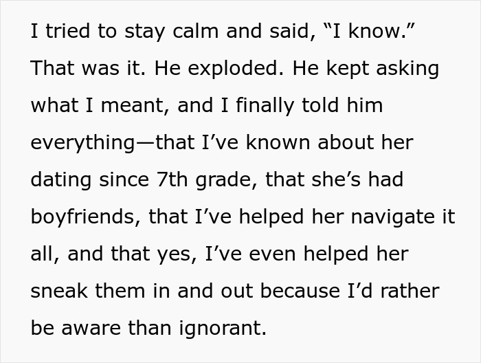 Text excerpt revealing a man’s reaction to teen daughter’s relationship and why his wife helped to hide it. Text excerpt revealing a man’s reaction to teen daughter’s relationship and why his wife helped to hide it.