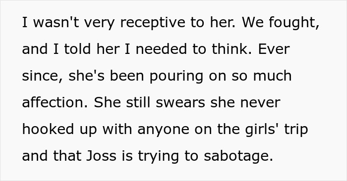 Text excerpt from a story about a bride breaking a no dating rule during a break, with the groom shocked and MOH claiming cheating. Text excerpt from a story about a bride breaking a no dating rule during a break, with the groom shocked and MOH claiming cheating.